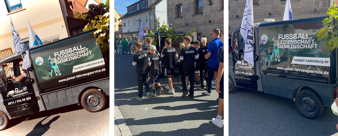 Drei Szenen vom K&auml;rwaumzug in Seukendorf: das Vereinsmobil mit Fahrer, unsere Jugend im Umzug, das Vereinsmobil von der Seite