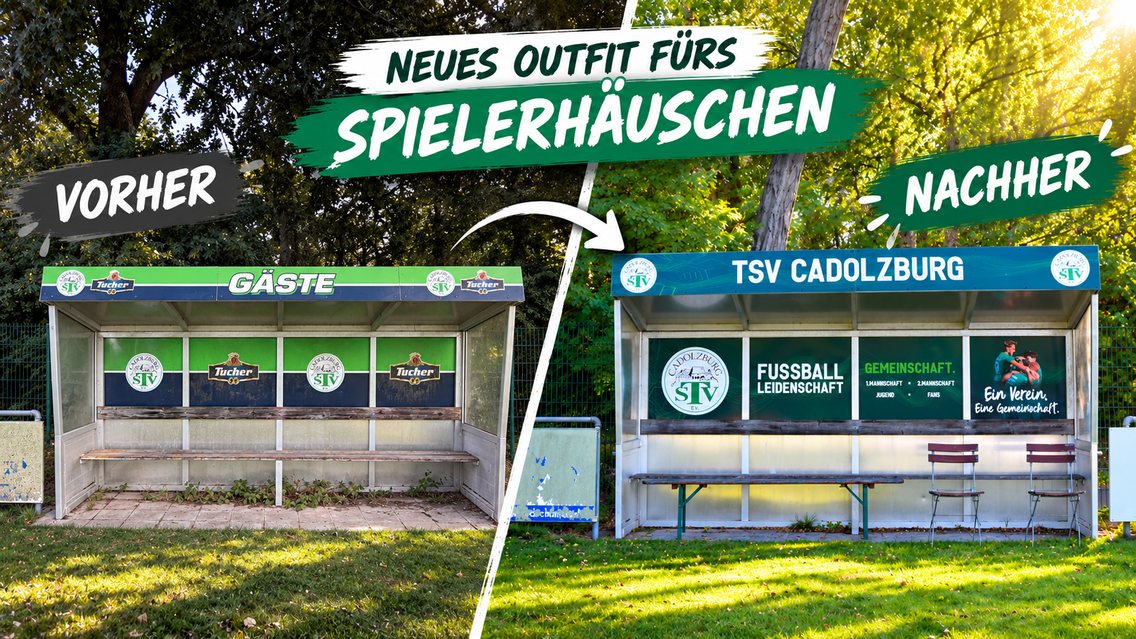 Vorher und nachher: das Ersatzbank-H&auml;uschen am A-Platz vor und nach der neuen Beklebung