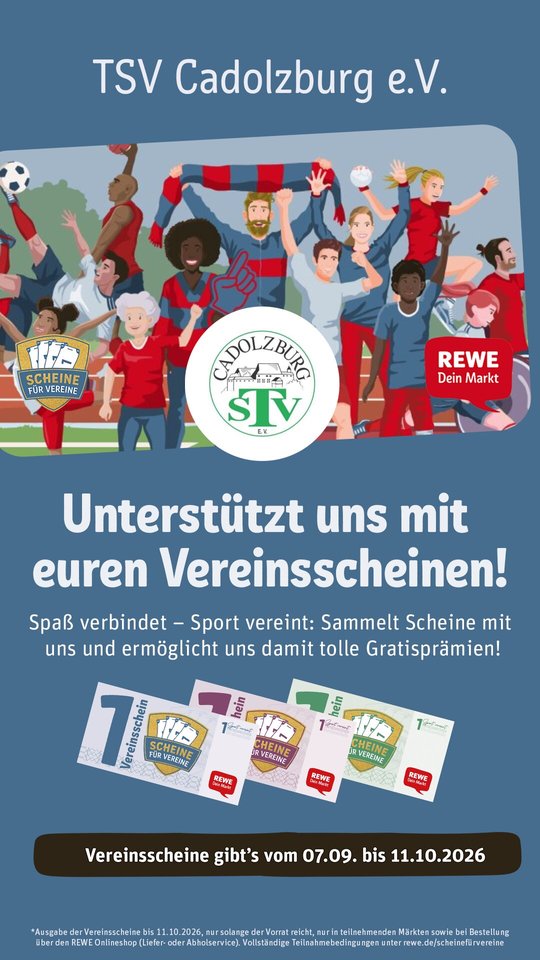 Plakat der Aktion Scheine f&uuml;r Vereine mit dem Wappen des TSV Cadolzburg